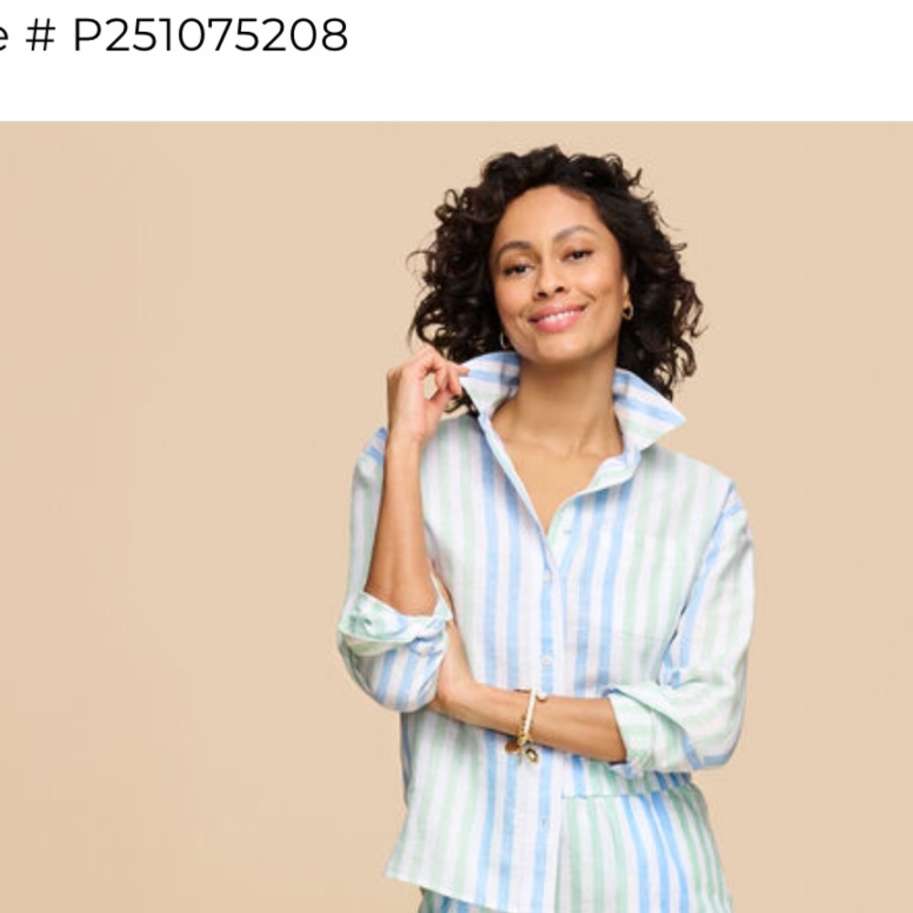 Talbots 100% Linen Stripe Green Blue Vertical Stripe Women's Button Up Collar MP